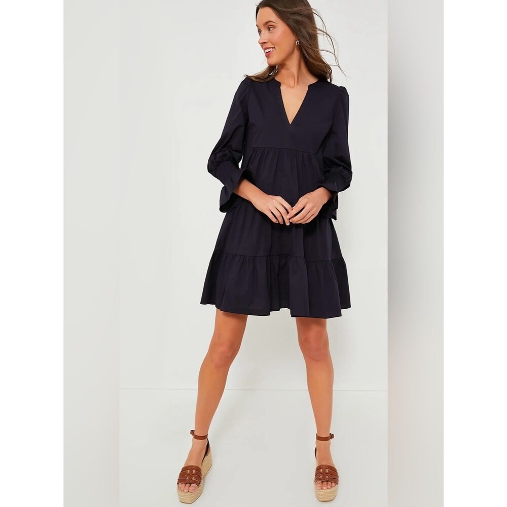 Tuckernuck Pomander Place Navy Cotton Poplin Kenzo Dress M Tiered Ruffle Mini